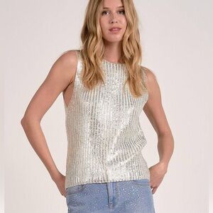 🩶NWT size Large ELAN Metallic coated Silver and ivory  knit sweater! Goegrous!